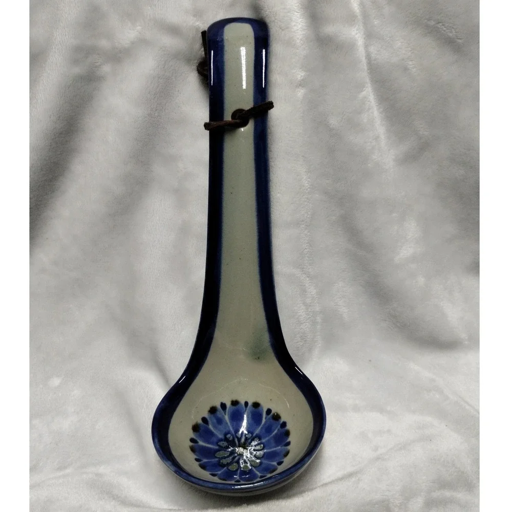 Vintage Tonala Mexico Pottery Ladle Blue Floral‎ Rustic Wall Decor
